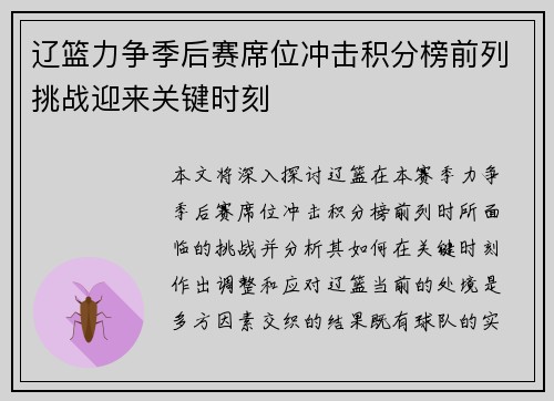 辽篮力争季后赛席位冲击积分榜前列挑战迎来关键时刻