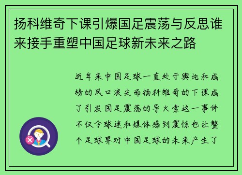 扬科维奇下课引爆国足震荡与反思谁来接手重塑中国足球新未来之路
