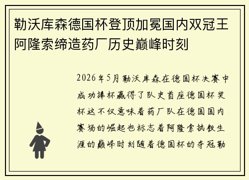 勒沃库森德国杯登顶加冕国内双冠王阿隆索缔造药厂历史巅峰时刻