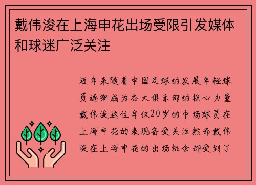 戴伟浚在上海申花出场受限引发媒体和球迷广泛关注
